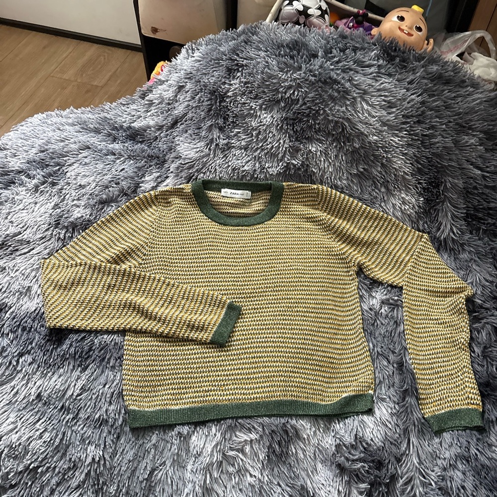 Zara Green and Yellow Striped Crewneck Sweater